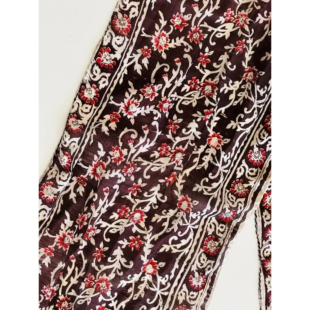 Vtg India 100% Silk Paisley and Floral Long Scarf Cream Black Red Elegant Glam